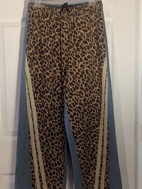BiBi Leopard Mixed Media Wide Leg Jeans Drawstring Sample Boutique Size S